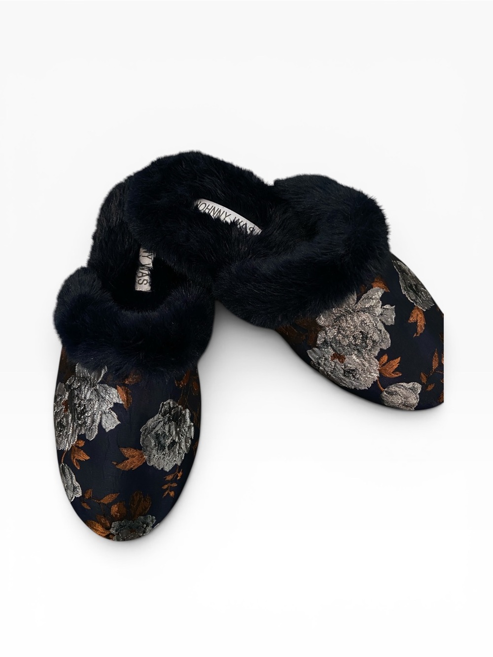 Johnny Was Navy Floral Faux-Fur Trim Women's Slippers